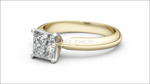 2 Tone Solitaire Engagement Ring with Princess cut Moissanite made in 14K or 18K white and Yellow gold - Lianne Jewelry