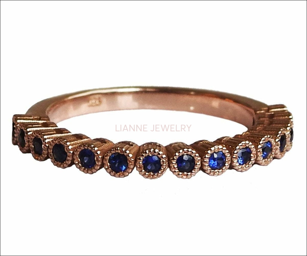 Rose Gold Band Blue Milgrain, Sapphire Wedding band Ring Gold Band, Blue Sapphire Gold Ring, Natural Sapphire Band, Blue Sapphire Ring - Lianne Jewelry