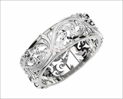 Silver Flower Wedding Band Filigree Ring Band Leaves Ring Twig Ring Milgrain Ring Wedding Ring Band in Silver - Lianne Jewelry