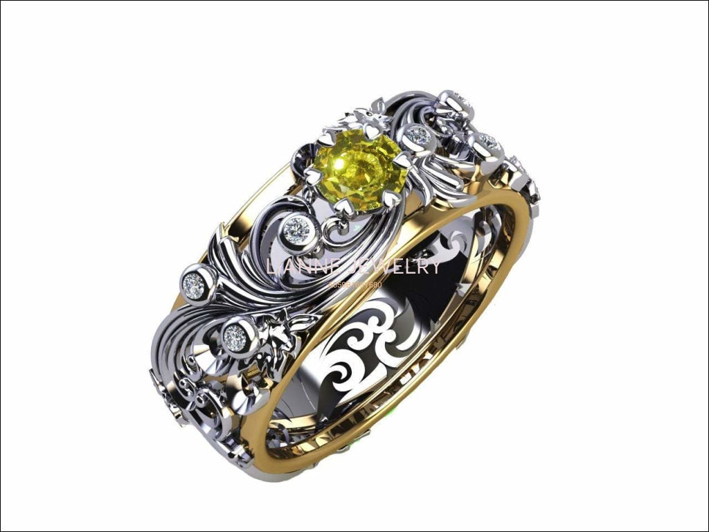 Floral Band Ring Yellow Stone Wedding Band Citrine Silver Edwardian Ring Accent Diamonds Milgrain Band Engraved Ring Flower Band, Leaf Ring - Lianne Jewelry