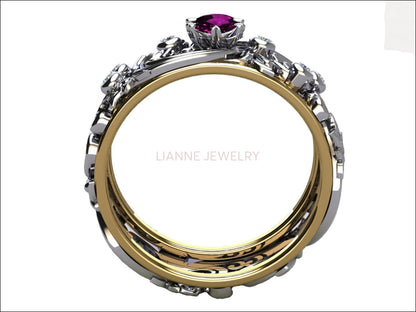 Diamond Floral Band Ring Purple Stone Wedding Band Amethyst Silver Edwardian Ring Accents Milgrain Band Engraved Ring Flower Band, Leaf Ring - Lianne Jewelry