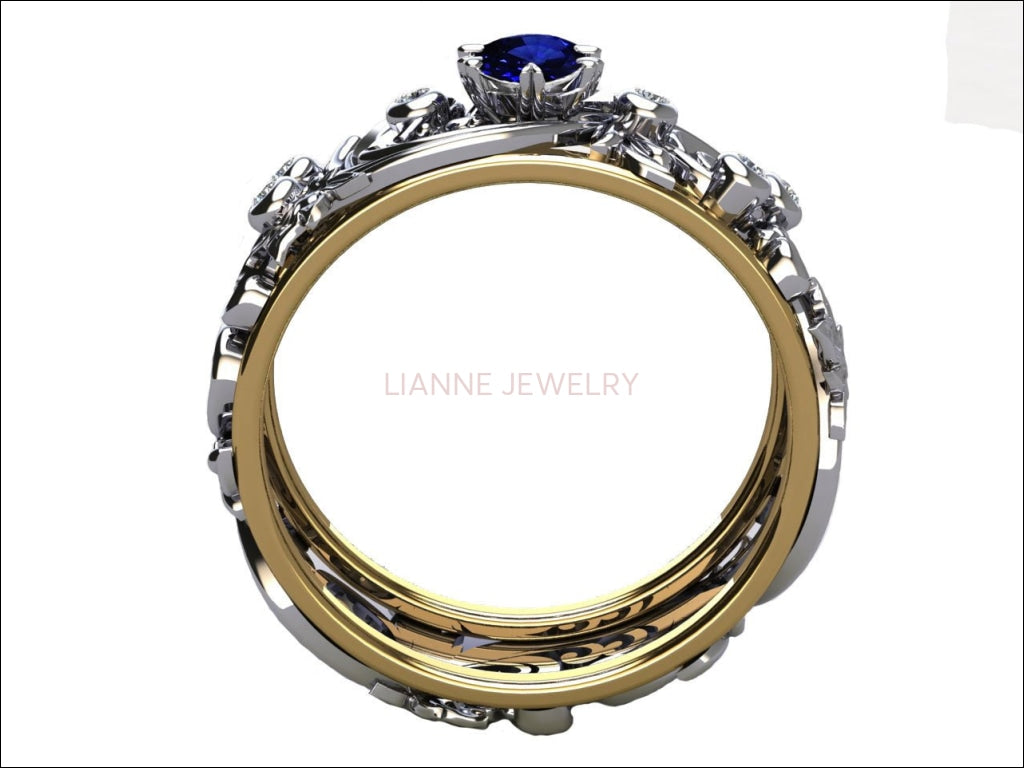 Floral Band Ring Asian Blue stone Ring Silver Diamond Ring Milgrain Ring Celtic unique Ring Engraved Ring Flower Band Anniversary Band - Lianne Jewelry