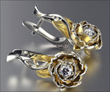 14K Leaves Earrings, Flower Earrings with Diamonds, Floral Leverback Earrings Filigree Earrings Milgrain Earrings - Lianne Jewelry