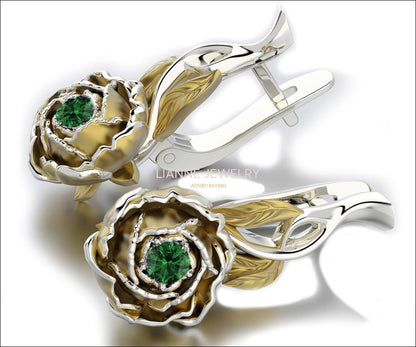 Floral Studs Green Stud Earrings Woman Gift Leverback 2 Tone Flower Earrings Filigree Earrings Milgrain Earrings for Her 14K Gold White gold - Lianne Jewelry