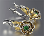 Floral Studs Green Stud Earrings Woman Gift Leverback 2 Tone Flower Earrings Filigree Earrings Milgrain Earrings for Her 14K Gold White gold - Lianne Jewelry