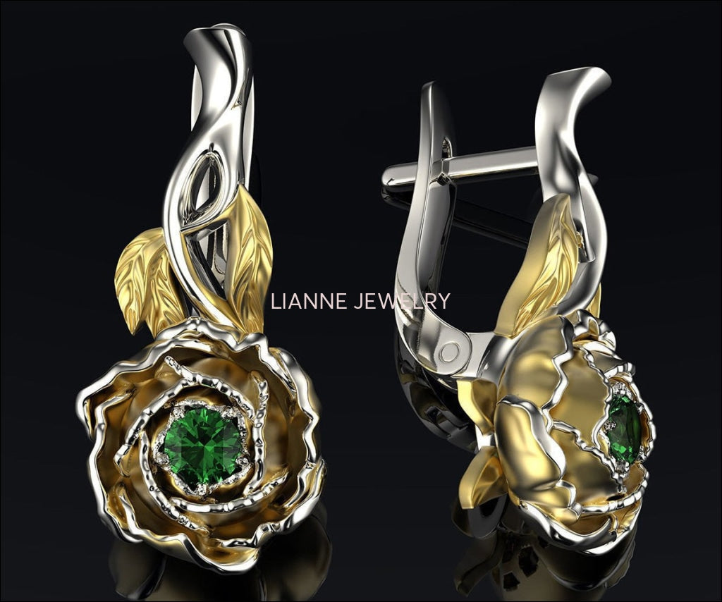 Floral Studs Green Stud Earrings Woman Gift Leverback 2 Tone Flower Earrings Filigree Earrings Milgrain Earrings for Her 14K Gold White gold - Lianne Jewelry