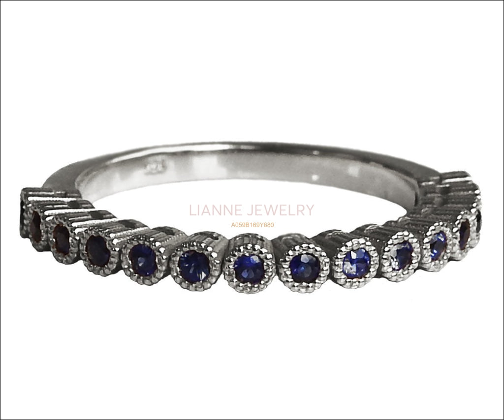 Silver Stacking Ring Wedding Band Blue Band 15th Anniversary Filigree Silver 15 Natural Sapphires Eternity Ring 15 Birthday September Stone - Lianne Jewelry