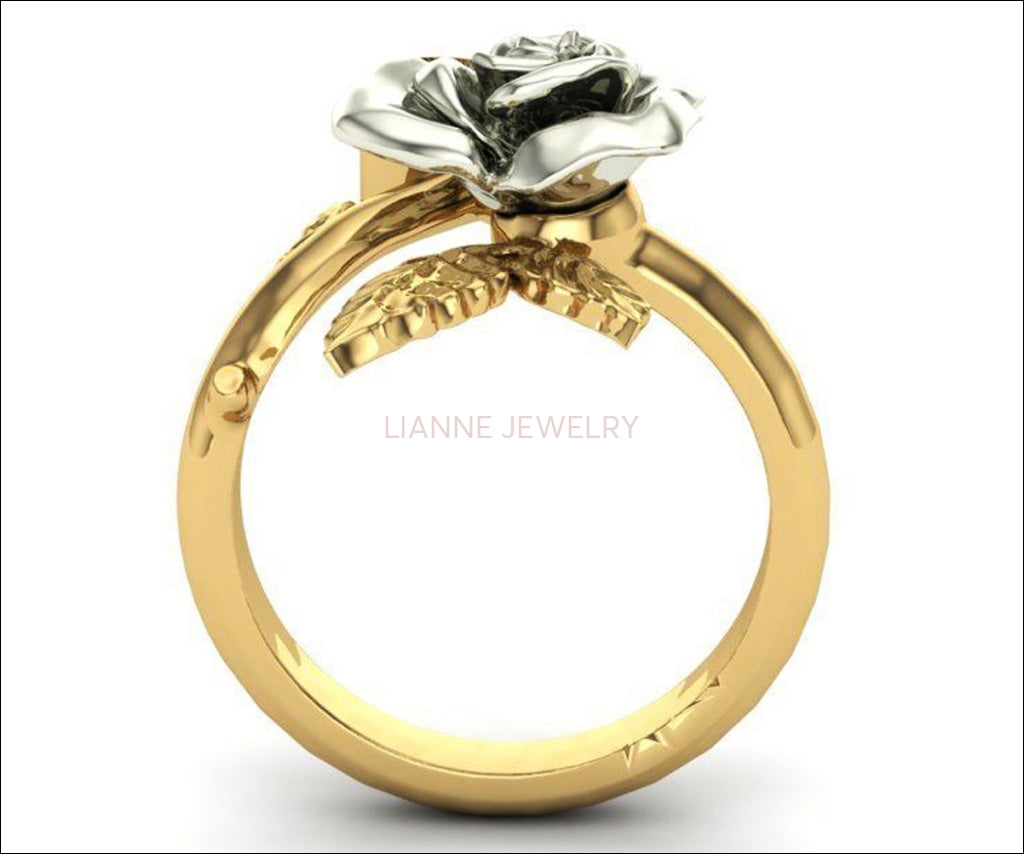 Rose Engagement Ring, Rose Leaf Ring, Unique Floral Engagement Ring, 2 Tone Ring, Gold Ring Flower, Floral Engagement Ring White Gold - Lianne Jewelry