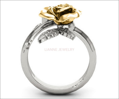 Unique BIG Flower Engagement Ring 2 Tone Rose Flower Leaves Ring Art nouveau Promise Ring Floral ring Birthday Gift For Her in 18K Gold - Lianne Jewelry