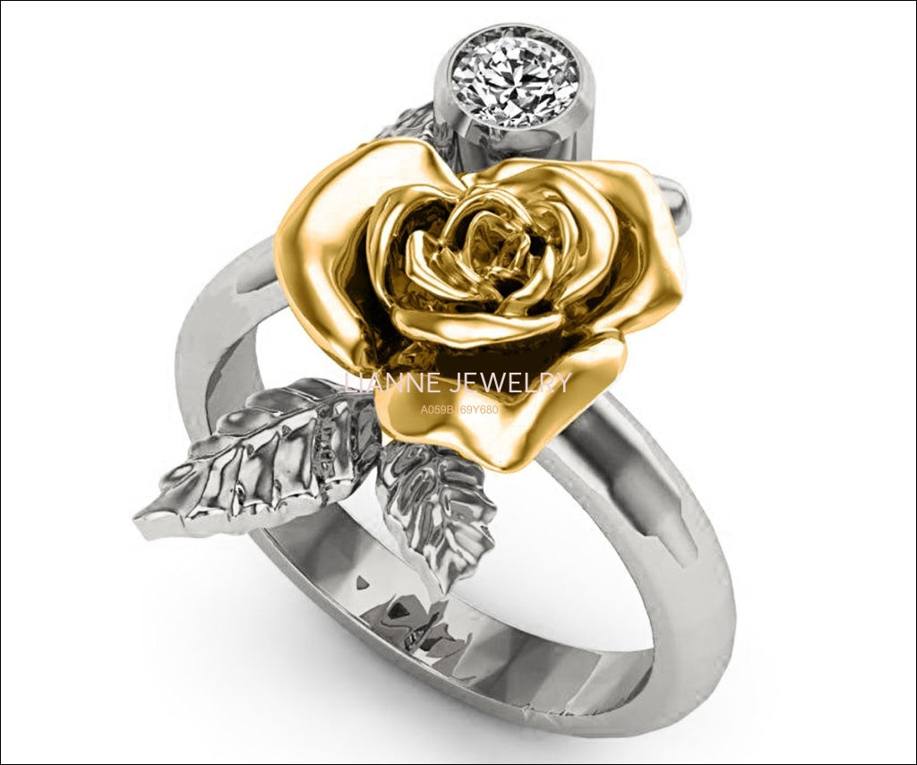 Unique BIG Flower Engagement Ring 2 Tone Rose Flower Leaves Ring Art nouveau Promise Ring Floral ring Birthday Gift For Her in 18K Gold - Lianne Jewelry