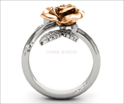 Leaves Engagement Ring Rose Flower Ring 2 Tone Leaves Ring Promise Ring Unique Engagement Ring Floral ring Birthday Gift For Her in 18K Gold - Lianne Jewelry