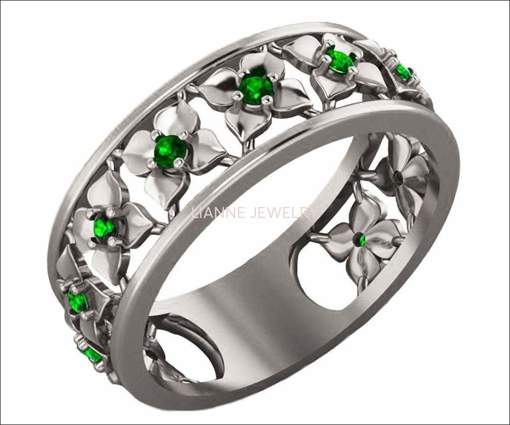 Plumeria Ring White Gold Green Flower Eternity Wedding band Ring Leaf ring Filigree band Friendship Green Floral Jewelry Width 6.9 mm - Lianne Jewelry