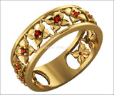Yellow Gold Red Flower Eternity Wedding band Ring Leaf ring Filigree band Friendship Red Floral Jewelry Width 6.9 mm - Lianne Jewelry