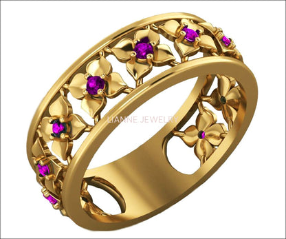 Amethyst Gold Wedding Purple Flower Eternity Wedding band Ring Art Nouveau Leaf ring Filigree band Friendship Purple Floral Jewelry gift - Lianne Jewelry