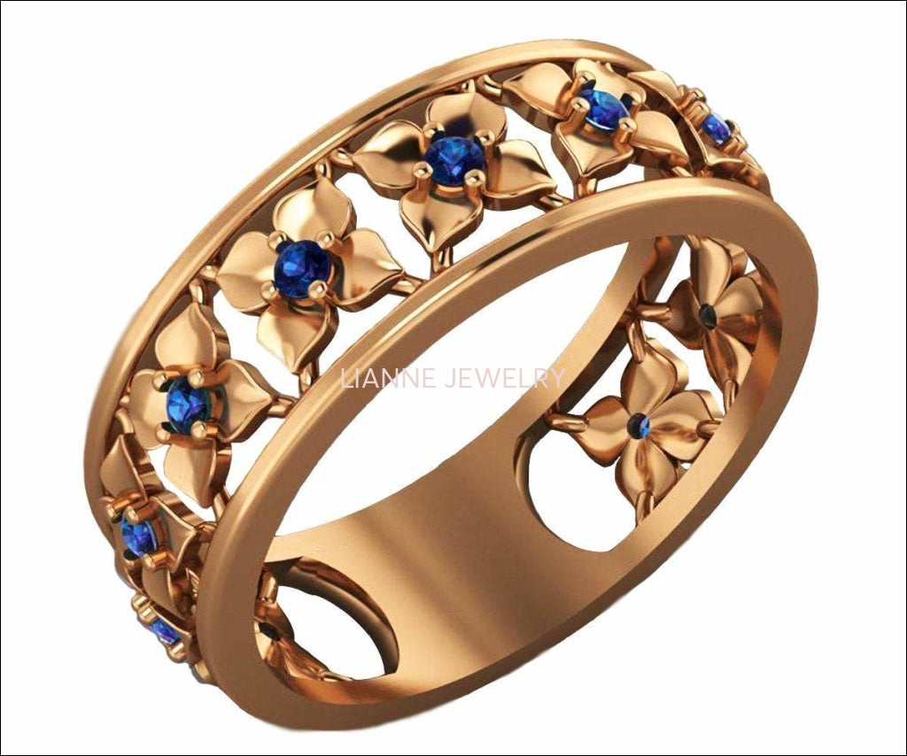 Plumeria Ring Rose Gold Blue Flower Eternity Wedding band Ring Leaf ring Blue Floral Jewelry 11th Blue Sapphires Width 6.9 mm - Lianne Jewelry