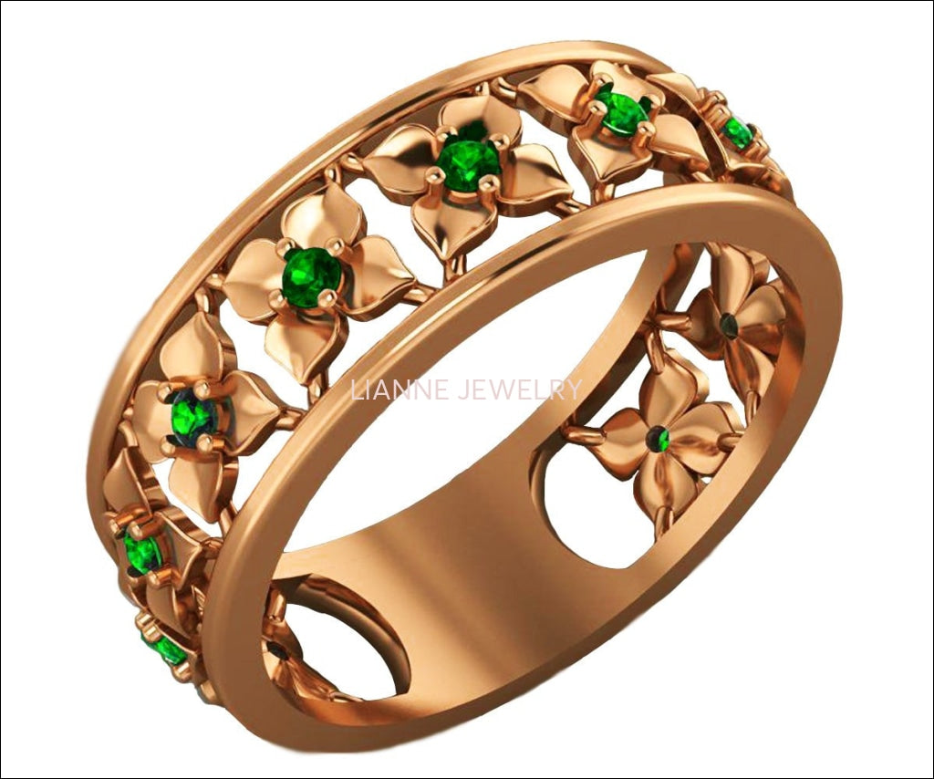 Plumeria Ring Rose Gold Green Flower Eternity Wedding band Ring Leaf ring Filigree band Friendship Green Floral Jewelry - Lianne Jewelry