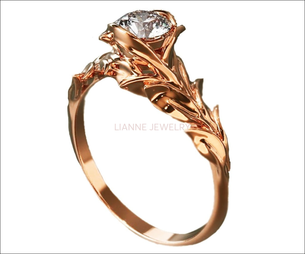 Rose Engagement Ring, 14K Rose Gold and Diamond engagement ring, engagement ring, leaf ring, flower ring, art nouveau, vintage style - Lianne Jewelry