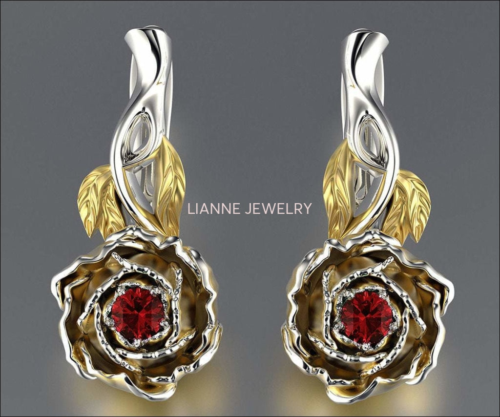 Ruby Floral Studs Red Stud Earrings Vintage Earrings Woman Gift Leverback 2 Tone Flower Earrings Filigree Earrings for Her 14K Gold - Lianne Jewelry