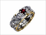 Ruby Leaves Band Silver 2 tone Wedding Band with Diamonds Filigree Flower Band - Lianne Jewelry