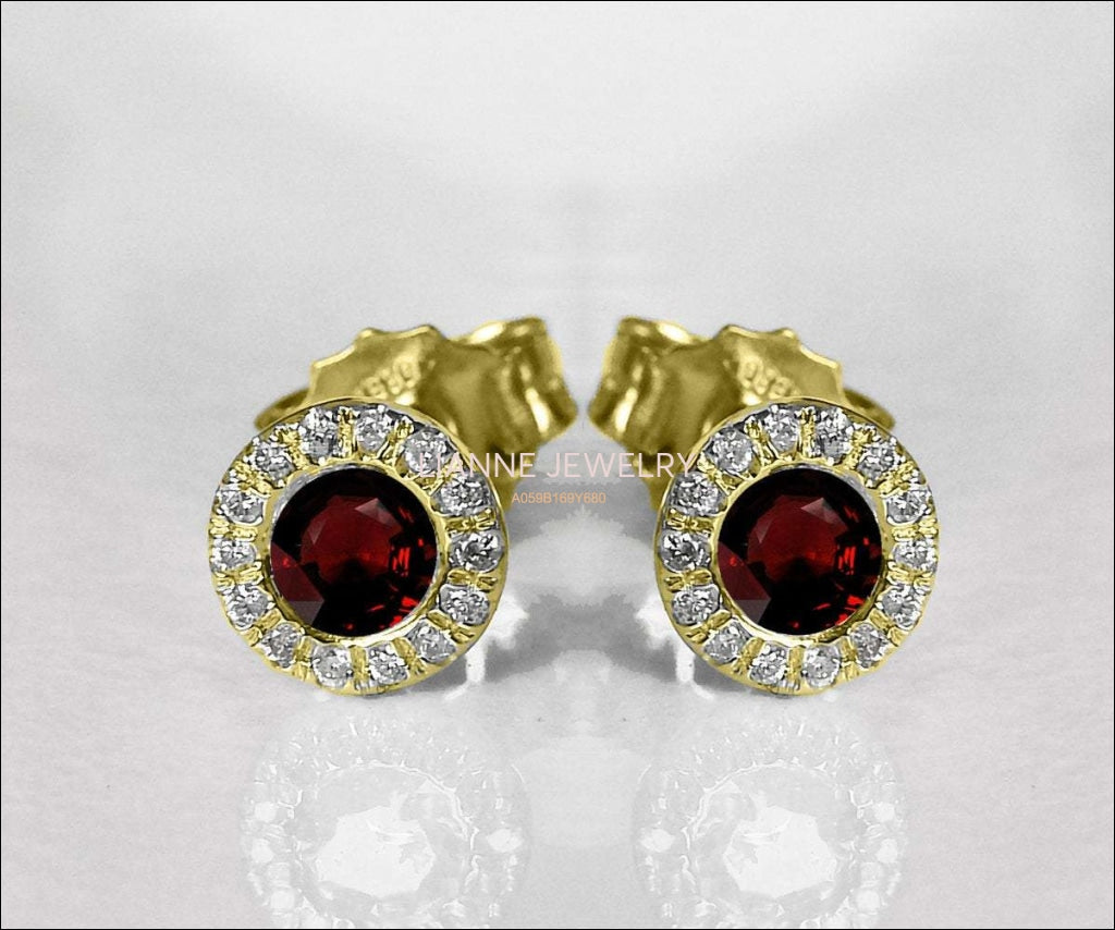 Ruby Studs Halo Earrings surrounded with Diamonds Birthday Gift Minimalist Earrings Sunflowers Earrings 14K or 18K White gold - Lianne Jewelry