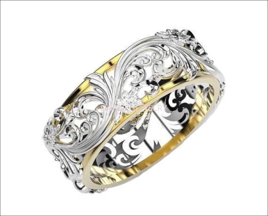 Filigree Engagement Ring, 18K Leaf Wedding Band, 2 Tone Wedding Ring, Celtic ring, Floral Jewelry - Lianne Jewelry