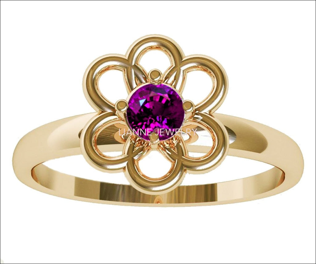 Gold Amethyst Solitaire Ring Flower Ring Leaves Ring Purple Branch Ring Art Nouveau Unique Engagement Flower Jewelry Engagement Gift - Lianne Jewelry