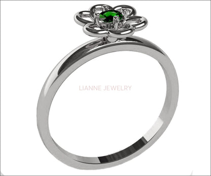 White gold Green Flower Solitaire Ring Leaves Ring Branch Ring Art Nouveau Diamond Unique Engagement Flower Jewelry Engagement Gift 14K - Lianne Jewelry