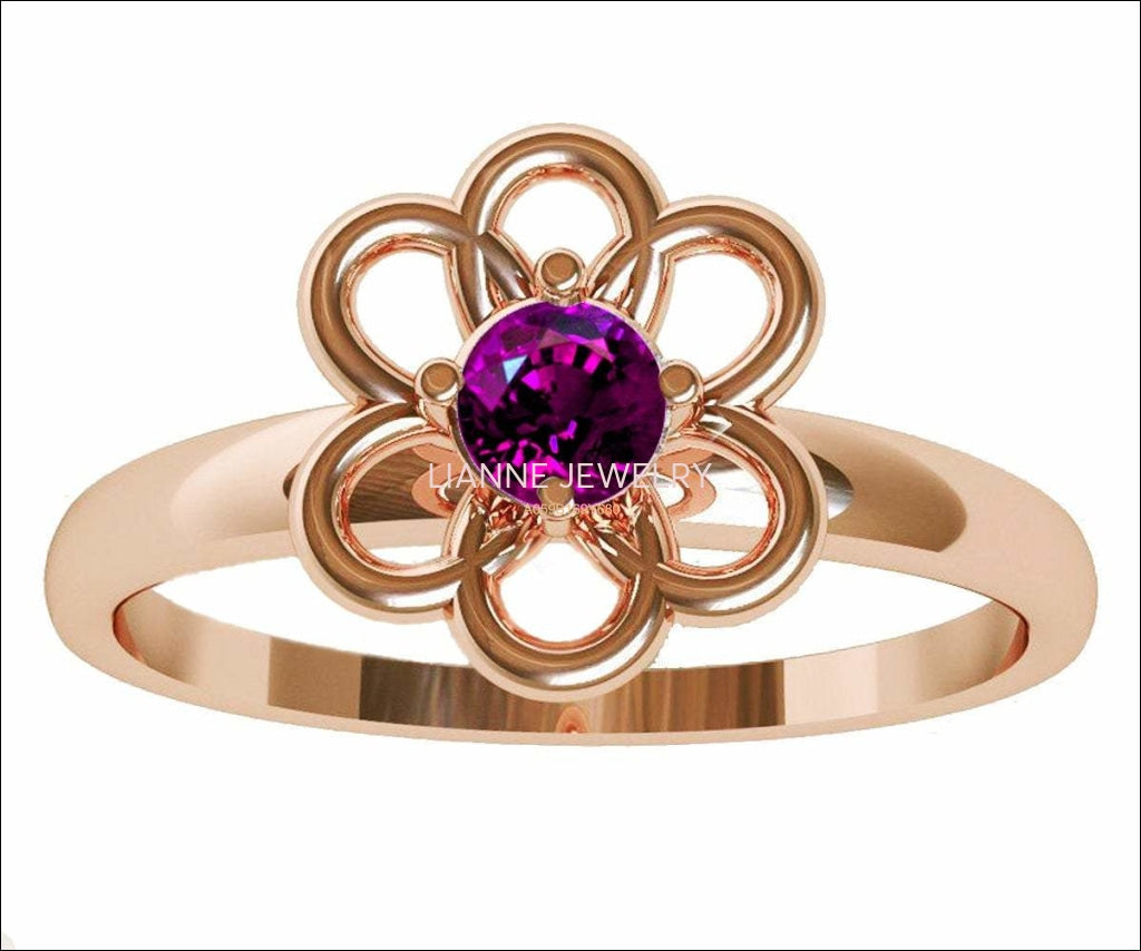 Purple Flower Ring Rose Gold  Solitaire Ring Amethyst Ring Flower Ring Leaves Ring Purple Branch Ring Edwardian Jewelry Engagement Gift - Lianne Jewelry