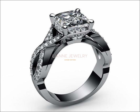 Diamond ring Gold ring Princess Cut Diamond Engagement Unique Ring Cross Pave in 18K White Gold or Yellow Gold - Lianne Jewelry