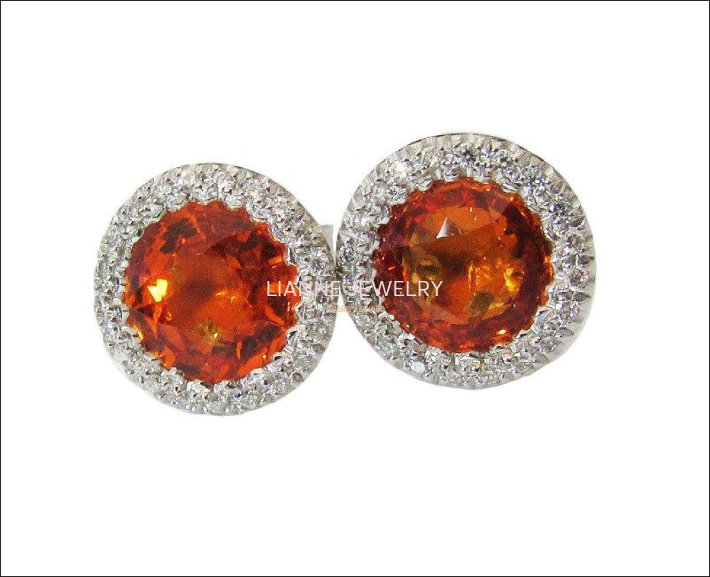 Vintage Orange Earrings Stud Earrings Circle Earrings Pave Diamonds Earrings Halo Earrings Art Deco Earrings Sapphires 14K white gold - Lianne Jewelry