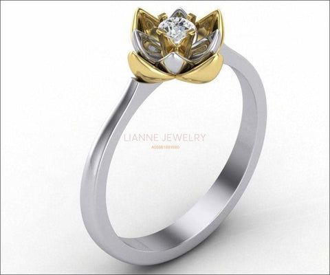 18K Lotus Flower Engagement Ring, Diamond Leaves Ring, 2 tone Gold Ring - Lianne Jewelry