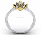 18K Lotus Flower Engagement Ring, Diamond Leaves Ring, 2 tone Gold Ring - Lianne Jewelry