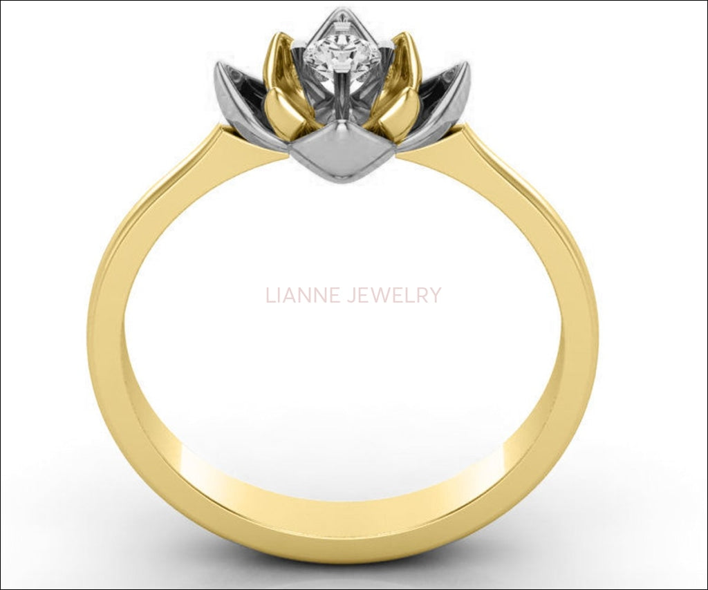 Rose Flower Engagement Ring, Lotus Ring, Open Flower with Diamond inside - Lianne Jewelry