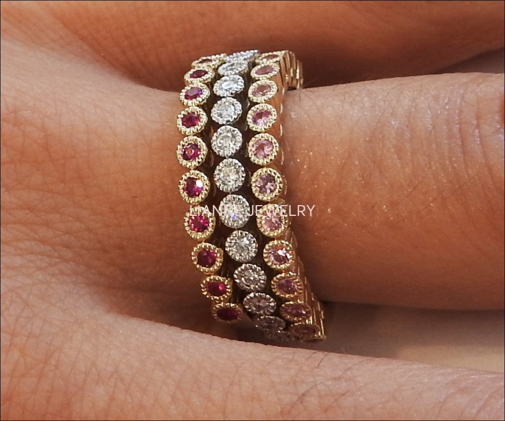 Stacking Rings Bands Jewelry Ring Set Ruby Diamond Pink Sapphire Genuine Gemstones Top Quality 45 stones Anniversary Gift 3 Rings 14K Gold - Lianne Jewelry