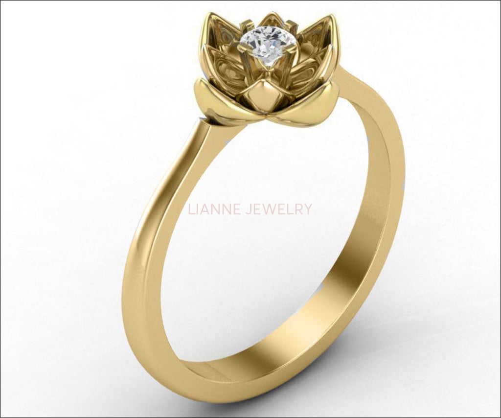 Solitaire Lotus Flower Ring, Leaves Diamond Ring, Unique Engagement ring, 18K Yellow gold Botanical Engagement Ring - Lianne Jewelry