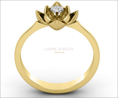 Solitaire Lotus Flower Ring, Leaves Diamond Ring, Unique Engagement ring, 18K Yellow gold Botanical Engagement Ring - Lianne Jewelry