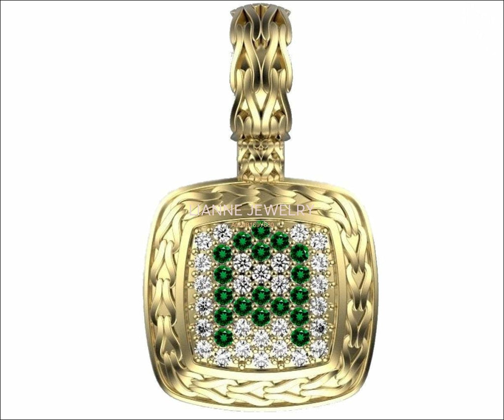 Personalized pendant Letter A Pendant Pave Pendant Emeralds and Diamonds Filigree Pendant Art Nouveau Yellow gold Anniversary Gift - Lianne Jewelry