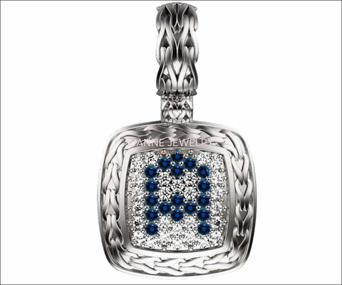 Personalized pendant Letter A Pendant Pave Pendant Sapphires and Diamonds Filigree Pendant Art Nouveau White gold Anniversary Gift - Lianne Jewelry