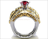 2 Tone Matching Ring Set Filigree Band ring Red Bridal Set Flower Set Ring Milgrain Band Ring Lab Ruby Art Nouveau unique wedding band - Lianne Jewelry