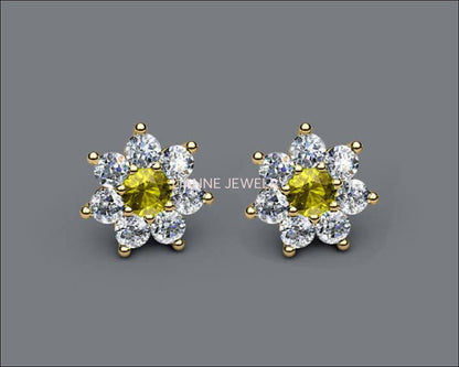 Botanical Earrings Yellow Stud Earrings Earrings Yellow Sapphire studs Flower Earrings Cluster Earrings 14 or 18K Yellow Rose or White gold - Lianne Jewelry