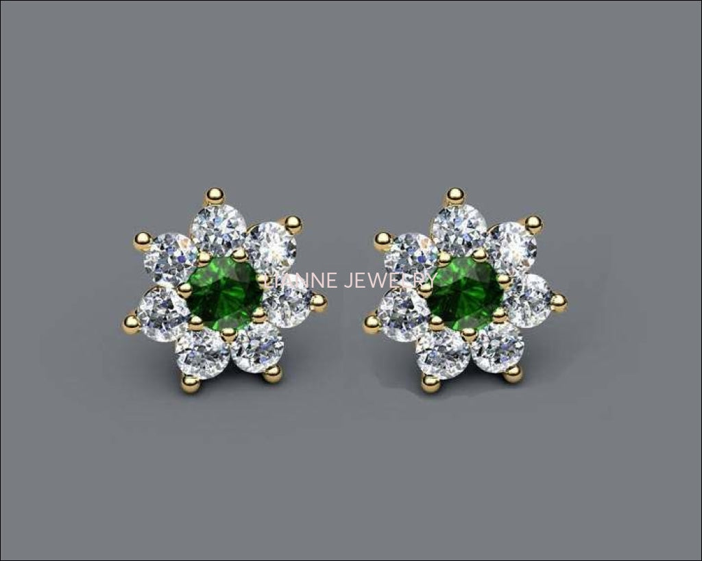 Emerald Flower Diamond Earrings, 14K Solid Gold Green Chatham Emeralds surrounded with Natural Top Diamonds - Lianne Jewelry