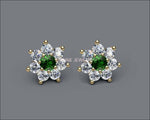 Emerald Flower Diamond Earrings, 14K Solid Gold Green Chatham Emeralds surrounded with Natural Top Diamonds - Lianne Jewelry