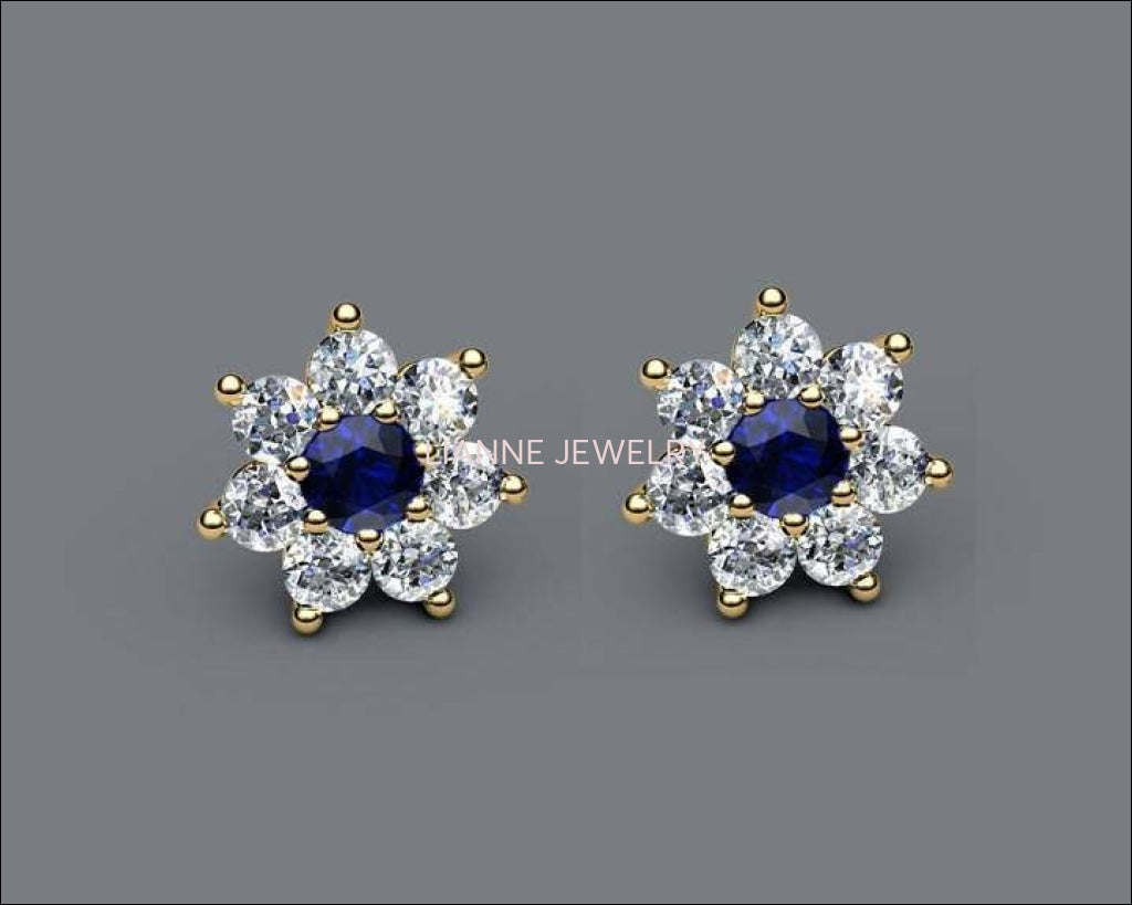 Sapphire and Diamond Flower Earrings in Solid Gold 14K Blue Stud Earring Stud Earrings, Sunflower Earrings - Lianne Jewelry