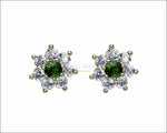 Emerald Flower Diamond Earrings, 14K Solid Gold Green Chatham Emeralds surrounded with Natural Top Diamonds - Lianne Jewelry