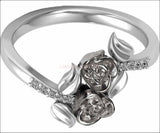 2 Roses in White Gold Leaf Ring Flower Ring Friendship Ring Unique Engagement Ring Diamonds Ring Floral ring Graduation Gift For Her - Lianne Jewelry