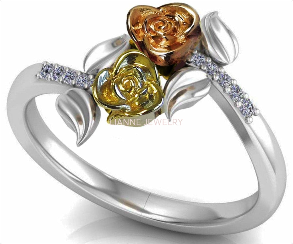 Leaves Ring Two Tone Yellow & Rose Promise Ring Unique Engagement Ring with Side Diamonds Floral ring Birthday Gift For Her - Lianne Jewelry