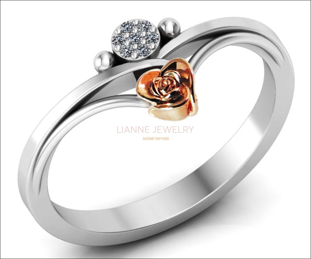 Girls 18K Gold Two Tone Rose & White Contour shank with Rose Flower and Sun Unique Ring Art Nouveau Floral ring Lovers Gift For Her - Lianne Jewelry