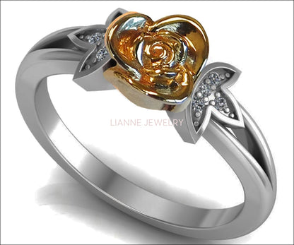 Love Gift Engagement Ring, Two Tone Rose Flower & White Leaves Flower Ring, Side Diamonds Floral ring, Birthday Gift For Her Gift - Lianne Jewelry