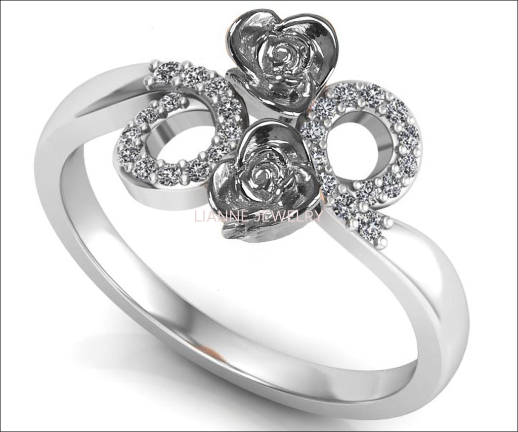 Unique Engagement Ring, 2 Flowers with Circle Pave Diamond Promise Ring - Lianne Jewelry