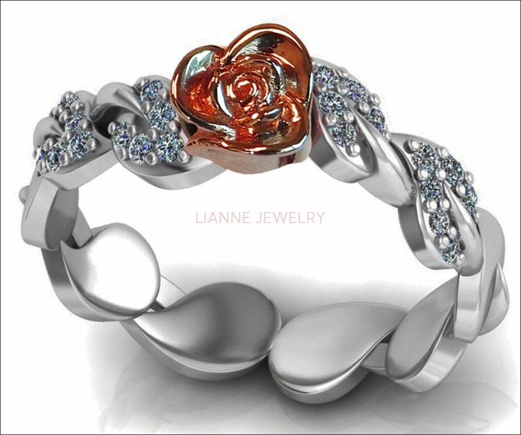 Two Tone Rose & White Gold Flower Ring Lovers Ring Unique Bella Ring with Side Diamonds Floral ring Birthday Gift For Her - Lianne Jewelry